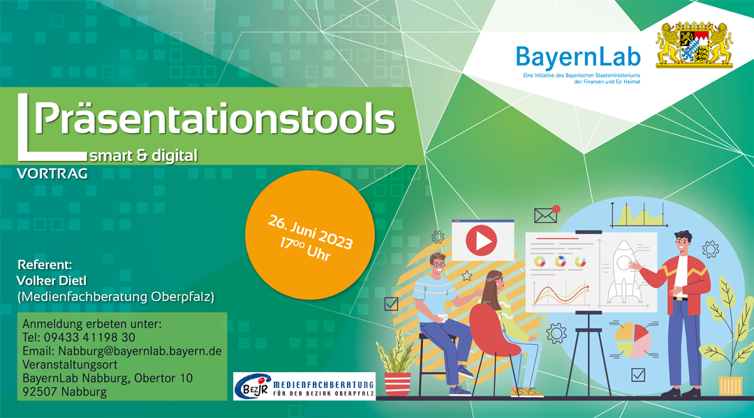Grafischer Terminhinweis auf Vortrag zum Thema Präsentationstools am 26.Juni um 17.00 Uhr im BayernLab Nabburg